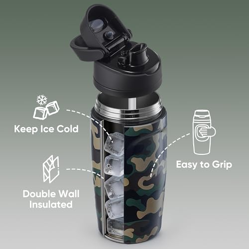 Image of Fijinhom 16 oz Insulated Water Bottle,Stainless Steel Sports Water Bottle with Straw, Double Wall Vacuum Leak Proof, Cold for 24 Hours, BPA Free for Travel, Sport, Outdoor, Camouflage color