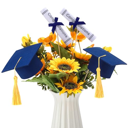 Image of Breling 12 Pcs Blue and Gold Graduation Centerpiece Sticks Felt Graduation Scroll Diploma and Grad Cap with Tassel Decor 2026 Table Toppers Centerpiece Party Supplies for Grad Party Decorations