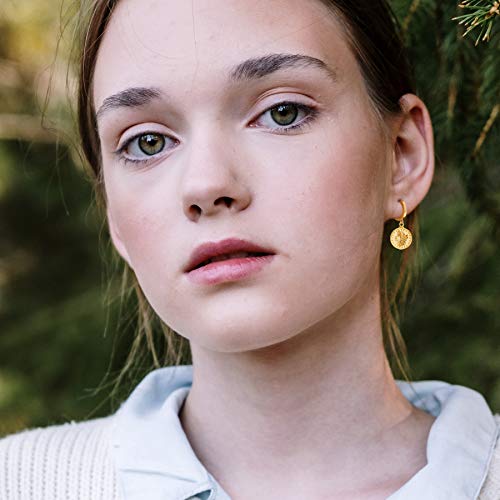 SANNYRA Gold Coin Earrings, Gold Huggie Dangle Earrings for Women, 14K Gold Plated Charm Dainty Hoop Jewelry3
