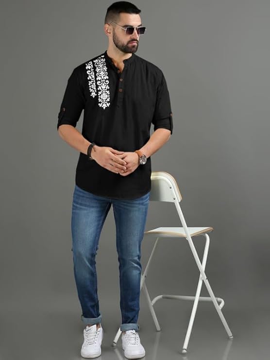 Image of FINIVO FASHION Men's Regular Fit Cotton Blend Kurta Shirt | Full Sleeve Ethnic Shirt with Mandarin Collar and Button Placket | Casual Kurta for Daily and Traditional Use