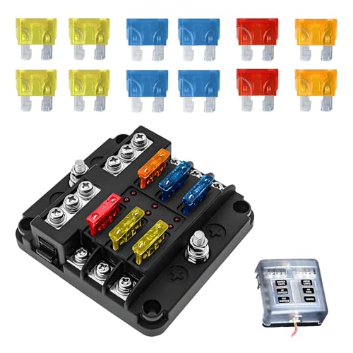 JUSTTOP - JUSTTOP 12 Volt Fuse Box, 12 Way Heat-Resistant Marine Fuse Block with LED Indicator Damp-Proof Cover, Waterproof Fuses Box Holder, 12 Circuits Boat Fuse Panel for Car Marine Boat DC 12-24V (6W) - -5%