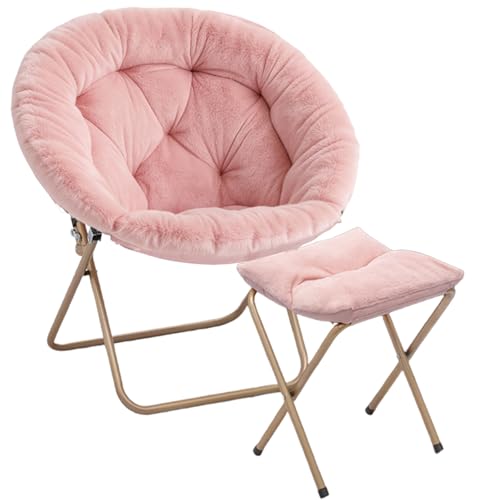 Magshion Folding Saucer Chair for Adults with Ottoman Circle Reading Chair for Bedroom Living Room & Dorm Furry Comfy Accent Seat with Metal Leg & Thick Padded for Small Spaces (Pink 1 Pack)