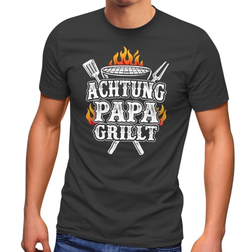 MoonWorks Herren T-Shirt Achtung Papa grillt Geschenke für Väter Grillen Spruch lustig Vatertag Geburtstag Anthrazit M
