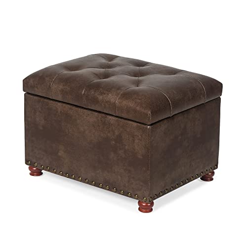 Joveco Leather Storage Ottoman, 24\" Rectangle Tufted Square Upholstered Bench, Foot Rest Stool with Wood Legs, Footstool for Living Room Bedroom, Coffee