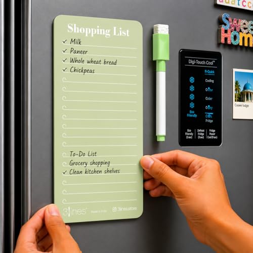 Image of 3 Lines Shopping List Fridge Magnet with Marker|Smart Planning & Shopping for Family, Working Professionals|to Do List| Acrylic Magnetic Notepad for Kitchen Organisation|9x24 cms|Kiwi Color|Regular