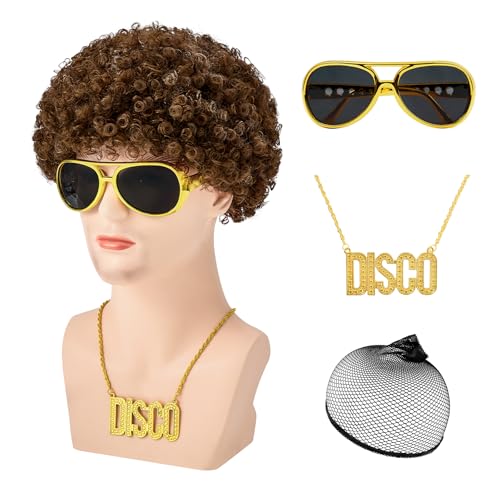 Image of Zando Afro Wig Men 70s Disco Costume - 4pcs Set(Wig+Glasses+Disco Necklace+Wig Cap) Short Brown Curly Natural Synthetic Hair 70s 80s Outfit for Hippies Cosplay Halloween Party