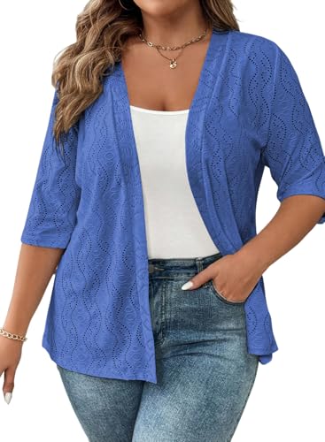 Image of Eytino Plus Size Cardigan for Women Half Sleeve Knitted Jacquard Summer Kimono Cover up Tops(1X-5X)