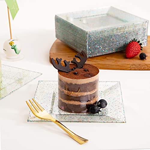 Supernal 100Pcs Square Clear Plastic Plates,100Pcs Gold Dessert Forks,Clear Square Plates With Glitter Design,6 Inch Clear Dessert Plates,5 Inch Gold Plastic Forks thumb #3
