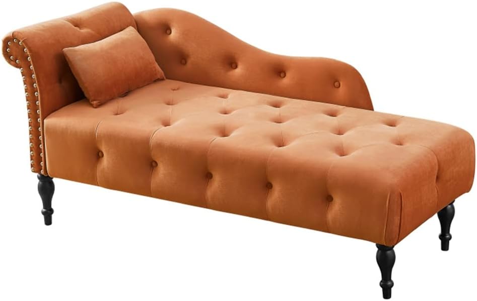 Velvet Chaise Lounge Button Tufted Nail Trim Solid Wood Legs W 1 Pillow 60.6" L X 27.50" W 28.30" H