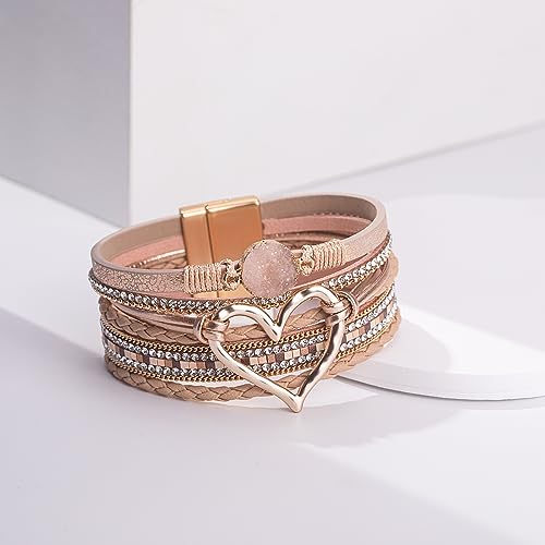 FANCY SHINY Heart Leather Wrap Bracelets Stackable Boho Cuff Bangles Trendy Resin Stone Rhinestone Bracelets with Magnetic Clasp for Women Mother Gift Jewelry - Image 7