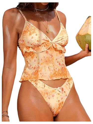 WDIRARA Women's 2 Piece Floral Ruffle Tankini Swimsuit High Cut Bathing Suit