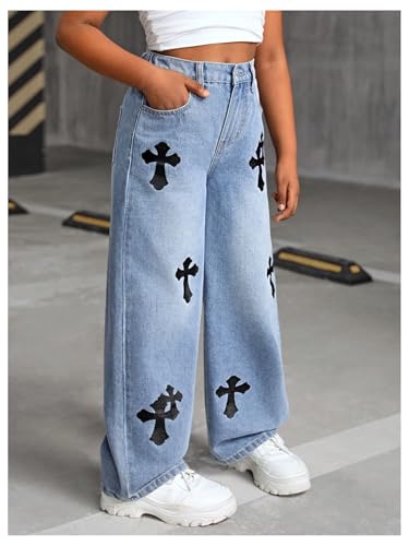 Verdusa Girl's Cross Wide Leg Baggy Jeans Elastic Waist Denim Pants with Pockets3