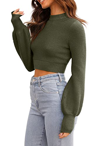 Image of Womens Sexy Crew Neck Cropped Sweaters Knit Long Sleeve Crop Tops Pullover | Ribbed Knit, Long Sleeve, Crop Tops, Pullover,Crew Neck