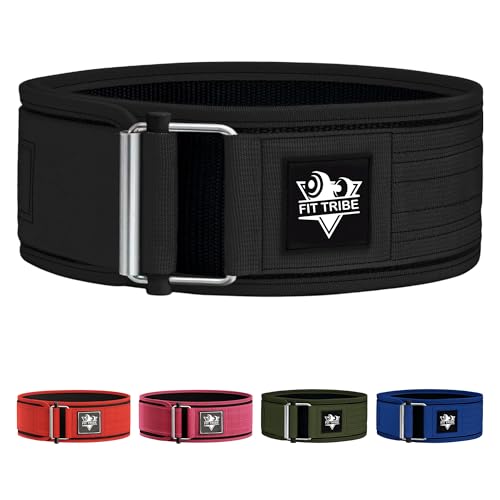 Fit Tribe Adjustable Gym Belt - Weight Lifting Belt for Men and Women - Durable Nylon Powerlifting Belt with Self Locking Mechanism for Safe Strength Training (Black Medium)