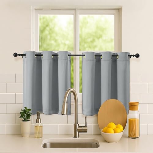 Image of Simplebrand Silver Grey Short Kitchen Curtains 24 Inch Length 2 Panels, Small Windows Room Darkening Curtain for Bathroom, Cabinet, Basement, RV Camper, Thermal Insulated Short Drapes, 40 x 24 Inch
