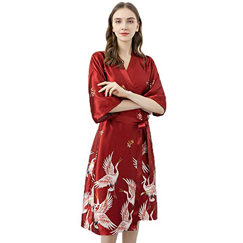 ZJXSNEH Pyjama Couple Imprimé Grue Mince D'Été pour Femme Soie Simulée Pyjama mi Long Rouge-Femelle Cover
