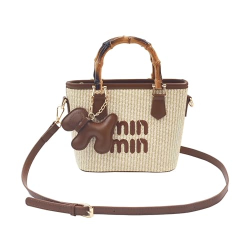 Woven Bucket Bag Crossbody HandBag Purse, Bamboo-Style Handle & Cute Dog Charm, Gift for Friend Her