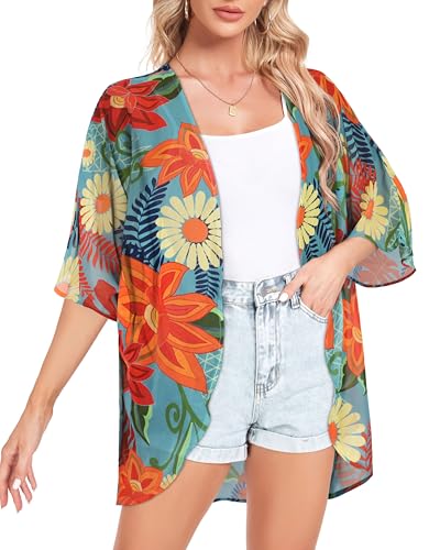 Women Kimono Cardigans Casual Summer Tops Cover up Open Front Floral Print Resort Wear
