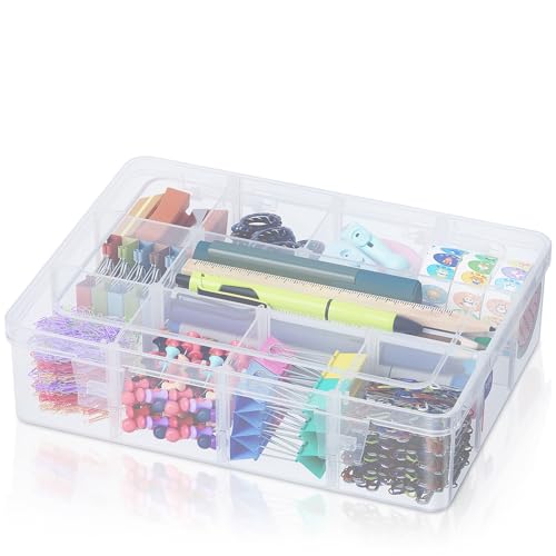 Image of iBune 12 Grids Plastic Compartment Container, Bead Storage Organizer Box Case with Adjustable Removable Dividers for Jewelry Craft Tackles Tools, Size 8.8 x 7.1 x 2.3 in, White