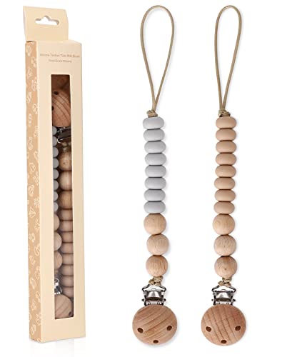 Image of AULEGE 2 Pack Pacifier Holder Clips for Binky & Teether, Silicone Baby Pacifier Clip for Baby Girls(Sand, Grey)
