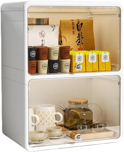 ミニカップボードカウンター上収納コップ 食器棚 棚防塵 防湿 扉付き ックス 多機能 卓上ラック 卓上食器棚 お茶碗 大容量 簡単 化粧品 小物 透明扉付き 一段二段三段 雑貨 仕切り 台所 家庭用 (ホワイト,ハイタイプ ラージサイズ 2段)