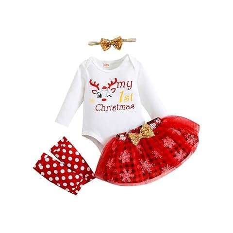 Honykids Newborn Infant Baby Girls My 1st Christmas Skirt Outfits with Leg Warmers Cover