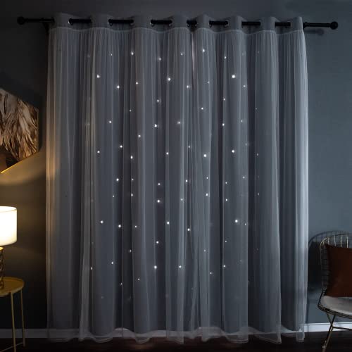 Image of Kinryb Sheer Overlay Curtains for Girls Bedroom,84 Inches Grey Panle,2 Free Tiebacks Double Layer Curtains for Bedroom,Star Cutout Panle for Kids Room(52W*84L Inches,2 Panel Greyish White)