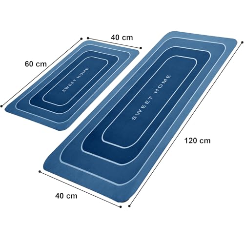 Image of Amazon Brand - Solimo Silicone Kitchen & Bath Mat (Pack of 2) | Navy Blue | Anti-Fatigue Comfort Foam | Waterproof & Anti-Slip | 60 x 40 cm & 40 x 120 cm| Quick-Dry & Easy Clean