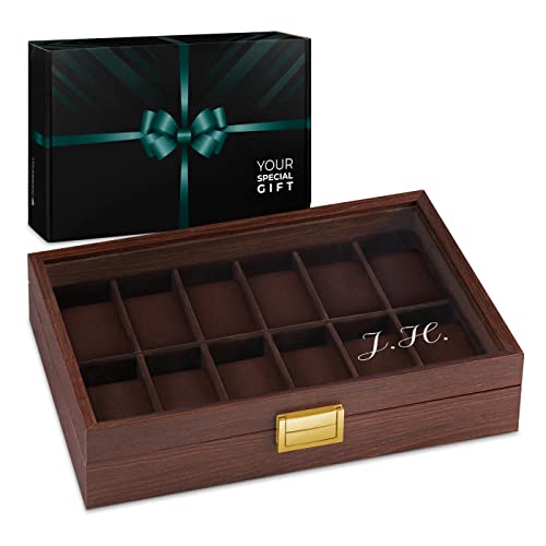 Maverton Boîte à Montres personnalisée - Coffret de rangement pour 12 montres - Couvercle avec gravure - Pour femme - 12 coussins amovibles - Simplicité Cover