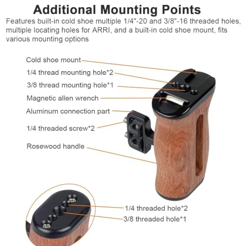Image of Wooden Camera Cage Side Handle Grip with Cold Shoe, Left /Right Adjustable Side Handle Hand Grip with 1 /4 3 /8 Thread Holes for BMPCC Mirrorless DSLR Camera Cage Shoulder Mount