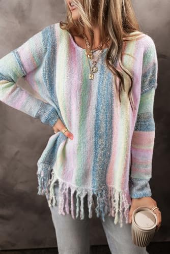 Women's Purple Color Block Fringed Tunic Sweater - Ombre Design4
