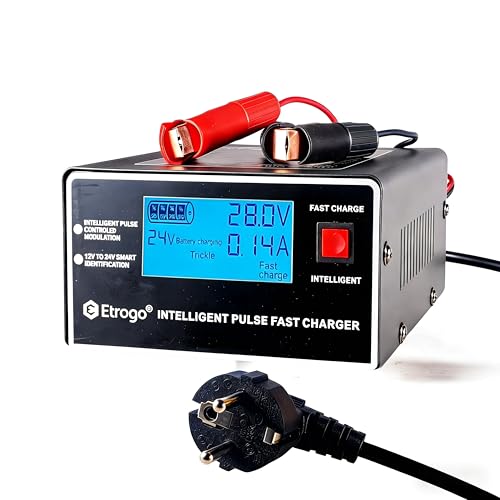 Etrogo Cargador Coche 12V 24V 10A 250W de Pulso Inteligente con Función Automática de Detección Reparación Mantenimiento con Pantalla LCD