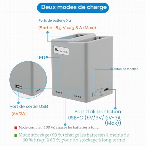 Chargeur de batterie DJI Mini 4 Pro avec hub bidirectionnel usb-c