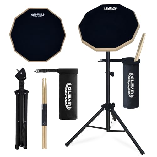 GLEAM Drum Practice Pad with Iron Drum Stand Set, 12-Inch Silent Practice Pad Kit with Drum Sticks, Drumstick Holder, Suitable for Beginners, Double Sided Black
