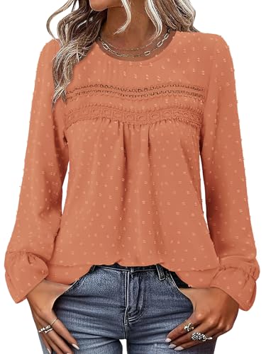 BETTE BOUTIK Womens Boho Fall Long Sleeve Shirts Crewneck Dressy Casual Blouses Trendy Flowy Tops