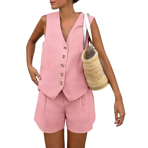 Womens Vest Sets 2 Piece Outfits Summer V Neck Button Down Sleeveless Blazer Wide Leg Shorts Outfit Casual Tracksuit