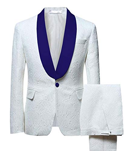 Smoking Homme Mariage Blanc Jacquard Costume Formel Soirée Coupe Cintrée Un Bouton