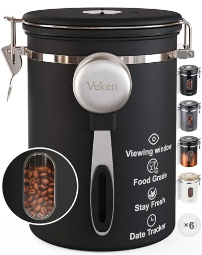 Veken Coffee Canister with Window,Airtight Stainless Steel Container,Home Kitchen Food Storage Organizers for Grounds,Beans,Espresso,Rice,Tea,Sugar,Cereal, Flour,Scoop,Bar Accessories,Gifts,22OZ,Black