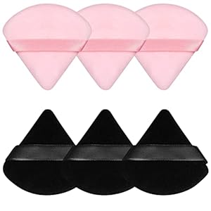 Pimoys 6 Pieces Powder Puff Face Makeup Sponge Soft Velour Triangle Powder Puffs Beauty Sponge Stocking Stuffers for Loose Powder (Black, Pink)