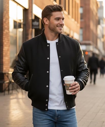 Image of LP-FACON Unisex Varsity Letterman Jacket | Mens College Baseball High School Bomber Wool + Faux Leather Jacket