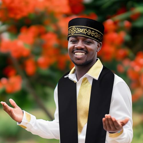 Image of Jiuguva 2 Pcs African Hats for Men Pattern African Kente Kufi Hats and Stole Sash for Black History