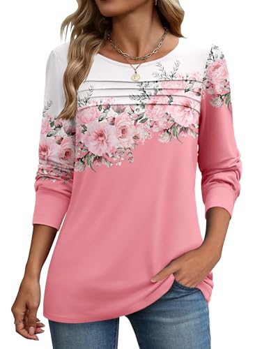 Zeagoo Long Sleeve Shirts for Women Crewneck Pleated Tshirts Floral Work Blouses Dressy Casual Tunic Tops Summer Clothes