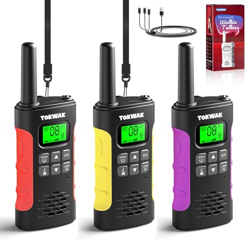 TOKWAK 3pcs Walkie Talkie para Niños Adultos, Walkie Talkies Recargable con Batería, VOX y Linterna, Walkie Talkie Largo Alcance 3KM, 16 Canales Walky Talky para Exteriores, Camping, Senderismo
