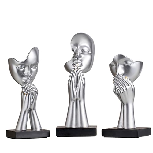 3-Piece Set of Thinker Statues, Gold and Silver Black Abstract Art Meditation Prayer Sculptures, Modern Home or Office Decoration Art Gifts
