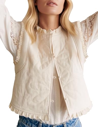 Womens Cropped Quilted Vest Sleeveless Ruffle Trim Vest Lightweight Button Down Outwear