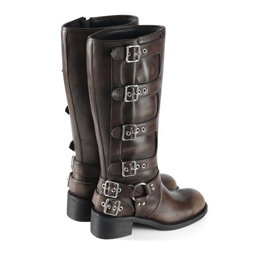 iiimmu Women's Mid Calf Boots 14" Shaft Height Buckle Strap Gothic Motorcycle Boots Retro Punk Style Combat Riding Boot2