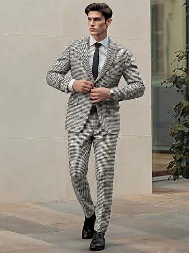 VENNYNG Men's Houndstooth Wedding Suits Business Plaid Tailored Fit 2 Piece Blazer Pant Set Single Breasted One-Button4