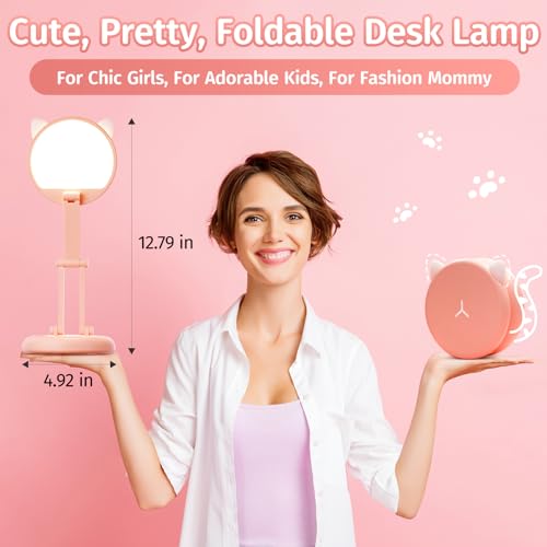 Luminária de mesa ONEFIRE LED fofa lâmpada de mesa rosa, 8 luminárias de mesa dobrável pequena brilh