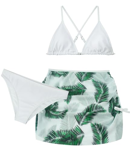 Image of Girls 3 Piece Swimsuit Summer Hawaiian Bikini Set with Beach Cover Up Skirt Bathing Suit Swimwear 8-15 Years