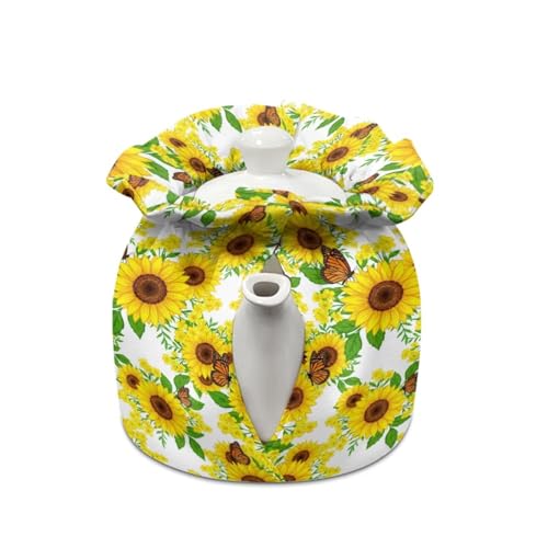 Image of Tea Cosy Butterfly Sunflower Print Teapot Dust Cover Tea Cozies Kitchen Home Decorative Insulated Tea Pots Cozy Kettle Warmer Cover with Drawstring